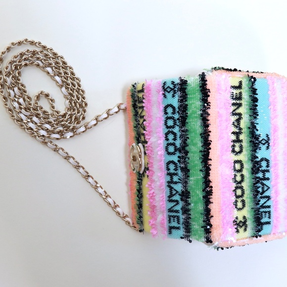 ❌SOLD❌Chanel Mini Multicolor Minaudiere Sequin Stripe Logo Summer Leather Bag - Picture 8 of 11